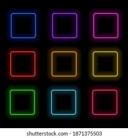 Vector Set of Neon Square Frames, Colorful Illustration, Blank Frames Isolated on Black Background, Different Colors, Shining Lines.