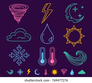 Vector set neon weather icons. Vector flat icons weather symbols on dark background.
