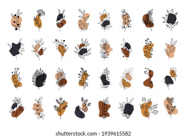 Vector set of nerd elements with circles of different colors on an isolated background. Tropical plants, leaves and branches with flowers. Hand drawn style. For printing on fabric and clothing