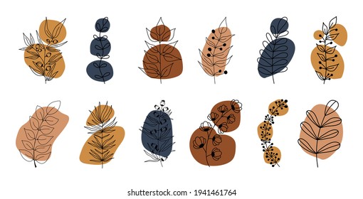 Vector set of nerd elements with circles of different colors on an isolated background. Tropical plants, leaves and branches with flowers. Hand drawn style. For printing on fabric and clothing
