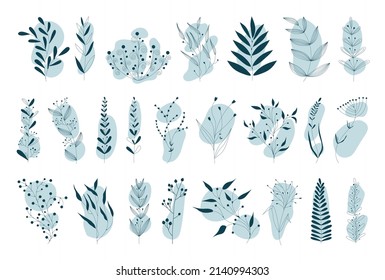 Vector set of nerd elements with circles of different colors on an isolated background. Tropical plants, leaves and branches with flowers. Hand drawn style. For printing on fabric and clothing,