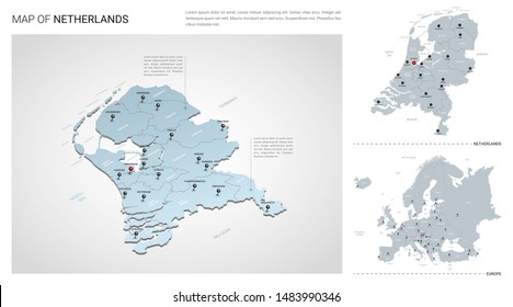 Vector set of Netherlands country.  Isometric 3d map, Netherlands map, Europe map - with region, state names and city names. 