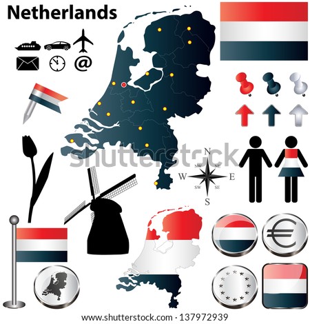 Vector set of Netherlands country shape with flags, windmills and icons isolated on white background