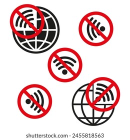 Vector set of network restriction symbols. No Wi-Fi, no global connection. Monochrome connectivity icons.