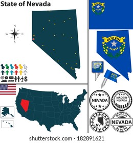 Vector set of Nevada state with flag and icons on white background