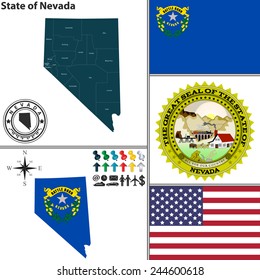 Vector set of Nevada state with flag and icons on white background