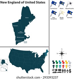 Vector Set Of New England Of United States With Flags And Map On White Background