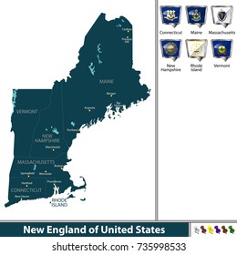 Vector set of New England of United States with flags and map on white background
