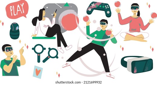 Vector set. 
New format of entertainment. 
Young people in different poses as well as elements for virtual reality. Transparent background.