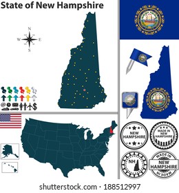 Vector set of New Hampshire state with flag and icons on white background