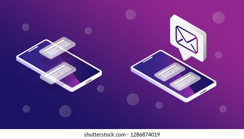 vector set with new message on isometric smartphone - vector illustration