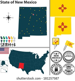 Vector set of New Mexico state with flag and icons on white background