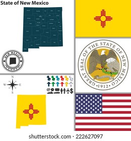 Vector set of New Mexico state with seal and icons on white background