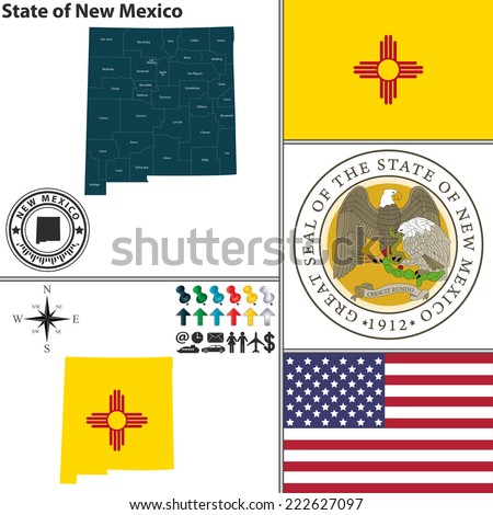 Vector set of New Mexico state with seal and icons on white background