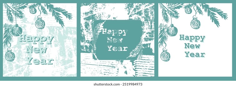 Vector set New Year background for congratulations. Grunge template with fir trees, Snow and Christmas tree toys. For cards, banners, wrapping paper.