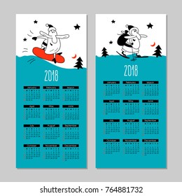 Vector set of new year calendars for 2018. Funny Santa Claus on skis and snowboards.