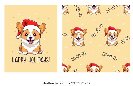 Vector set new year card and seamless pattern. Cute corgi in santa claus hat, happy vacations caption. Printable print and holiday pattern
