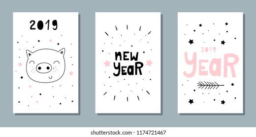 Vector set of new year cards. Sweet pig