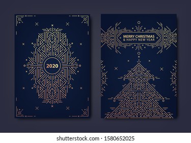 Vector set of New year, Christmas gold invitations, cards, posters, banners, brochures, flyers. Geometric design with christmas tree, linear ornament, frame, border.