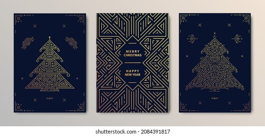 Vector set of New year, Christmas gold invitations, cards, posters, banners, brochures, flyers, covers. Geometric design with christmas tree, linear ornament, frame, border. Art deco