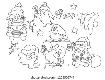 Vector set of new year elements performed in childish doodle manner. For banners, cards and coloring books