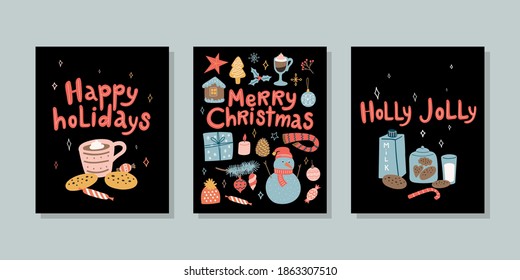 Vector set of New Year greeting cards. Doodle cartoon collection with snowman and Christmas decoration on black background. Hand drawn lettering.