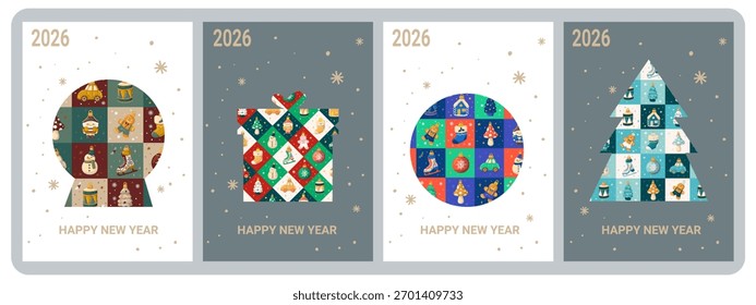 Conjunto de Vector de tarjetas de felicitación del año Nuevo con adornos de Navidades, árboles y decoraciones geométricas. Diseño festivo moderno para postales, invitaciones o Anuncios de redes sociales.