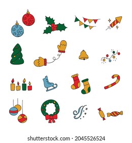 Vector set of New Year icons, Christmas symbols. Hand drawn winter holidays icons. Cartoon doodle objects on the theme of New Year's holidays.Celebration illustration.