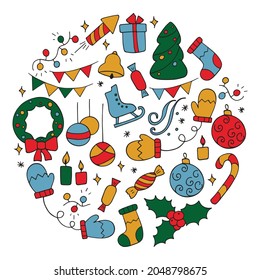 Vector set of New Year icons, Christmas symbols. Hand drawn winter holidays icons. Cartoon doodle objects on the theme of New Year's holidays.Celebration illustration.
