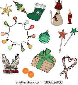 Vector set New Year. Illustration of a cat in a cap, Christmas tree toy, champagne, New Year's garland, sweets, socks, gifts, hot drinks, star