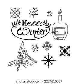 Vector set New Year. Illustration of a cat in a cap, Christmas tree toy, champagne, stove, fire, snowflakes, coloring book. Black and white vector illustration. 
Winter coloring pages