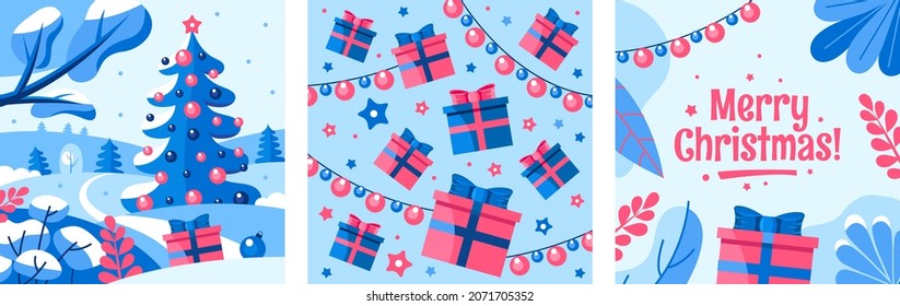 Vector set of New Year illustrations in flat style. Landscape with a Christmas tree, pattern with gifts, lettering.