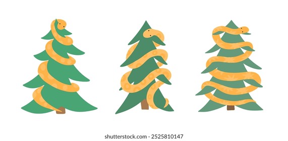 Vector set of New Year illustrations in flat style. Cartoon snake - symbol of 2025 year on Christmas tree. Template for greeting card