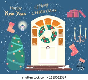 Vector set of New Year and Merry Christmas decoration elements. Decorated entrence door, Christmas tree, socks, gifts, candles, street light and greeting words.