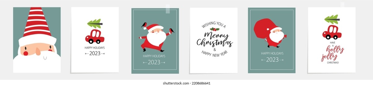 Vector set of New Year posters. Santa Claus. A small red car is carrying a Christmas tree. Typographic posters. Merry Christmas and Happy New Year! Simple designs. Posters, postcards, invitations