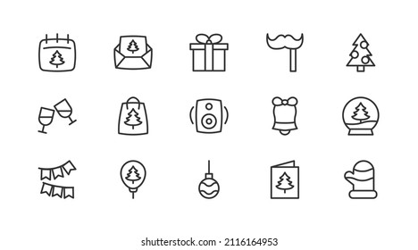 Vector set of new year thin line icons. Design of 20 stroke pictograms. Signs of new year isolated on a white background.