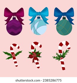 Vector set of New Year toys with candies. Eps 10.