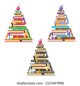 Vector set of new year trees of brown and blue, green and red, black-and-white books and christmas balls. Cartoon x-mas illustration. Cute pile of books. Home library. Happy education.