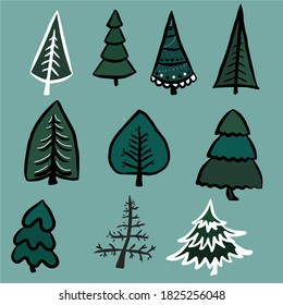 vector set of new year trees simple and decorated for christmas.