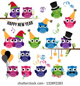 Vector Set of New Year's Celebration Themed Owls