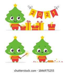 Vector set of New Years celebration themed Christmas trees. Cute character Christmas tree. Illustration for children. Character for postcard decoration. Vector image of a Christmas tree. 2021 year.