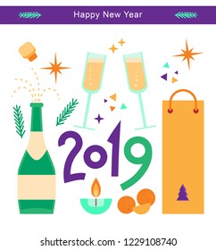 Vector set of New Year's decorative objects and staff