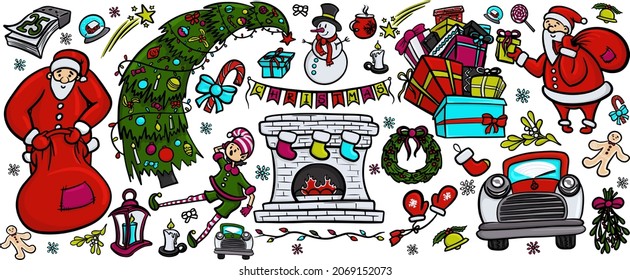 Vector Set of New Year's elements. Christmas tree, Santa Claus, elf, New Year's attributes. Isolated illustration in cartoon style.