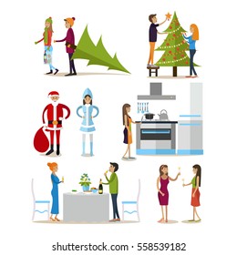 Vector set of New Years Eve celebration design elements, isolated icons in flat style. People cooking meal, decorating christmas tree, drinking champagne, wearing Santa Claus and Snow Maiden costumes