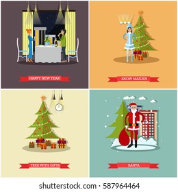 Vector set of New Years Eve celebration concept posters, banners. Happy New Year, Snow Maiden, Tree with gifts and Santa design elements in flat style.