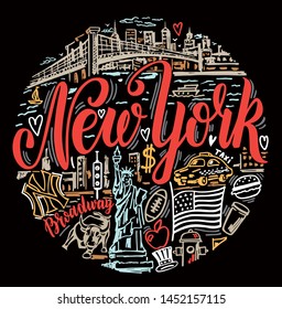 Conjunto de vectores de la ciudad de Nueva York.  Los monumentos de Nueva York y las tradiciones americanas simbolizan la ilustración vectorial. Para tarjetas de viaje, afiches, diseño de impresión, diseño de pantalones.  Ilustración conceptual dibujada a mano.