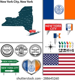 Vector set of New York City New York in USA with flag and icons on white background