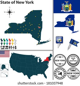 Vector set of New York state with flag and icons on white background svg