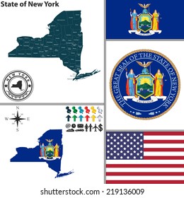 Vector set of New York state with flag and icons on white background svg