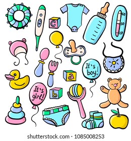 vector set of newborn accessories, hand drawn illustration